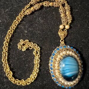 Vintage Germany Porphyry Blue Slag Glass Filigree Faux Pearl